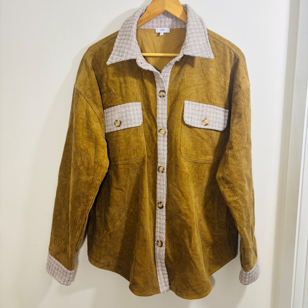 Voy Corduroy Tan Shacket Pink White Trim Color Button Down Side Pockets Sz Large